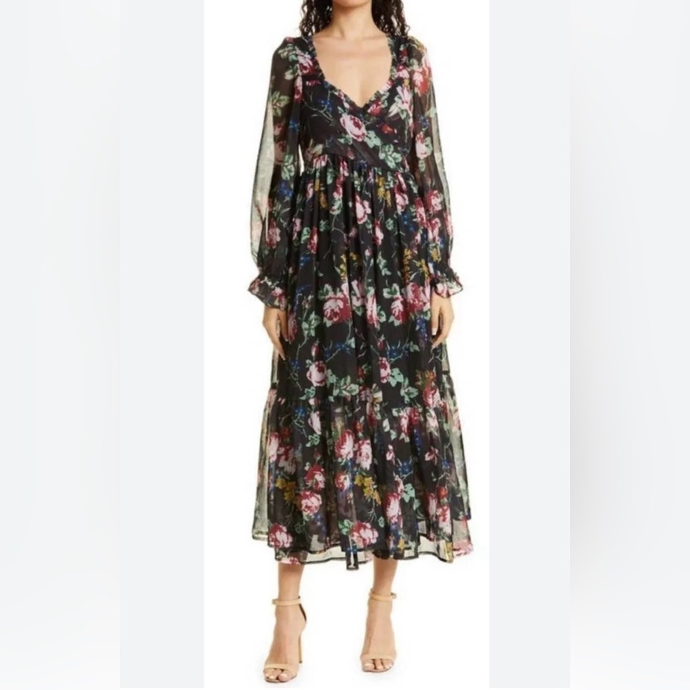 BY TIMO Black floral‎ sheer balloon sleeve wrap dress size M